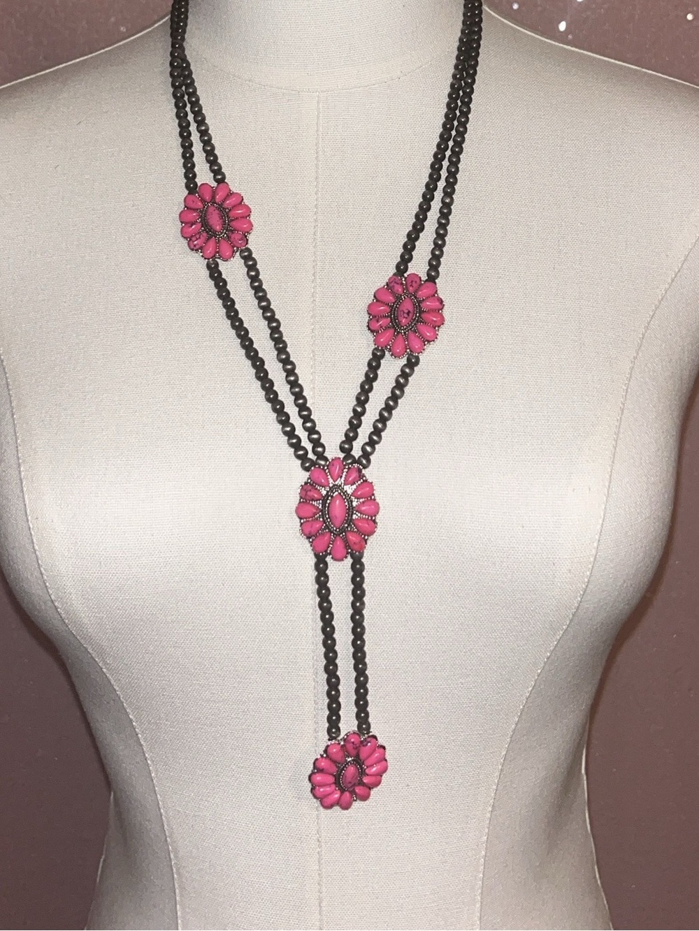 Pink Floral Beaded Long Necklace